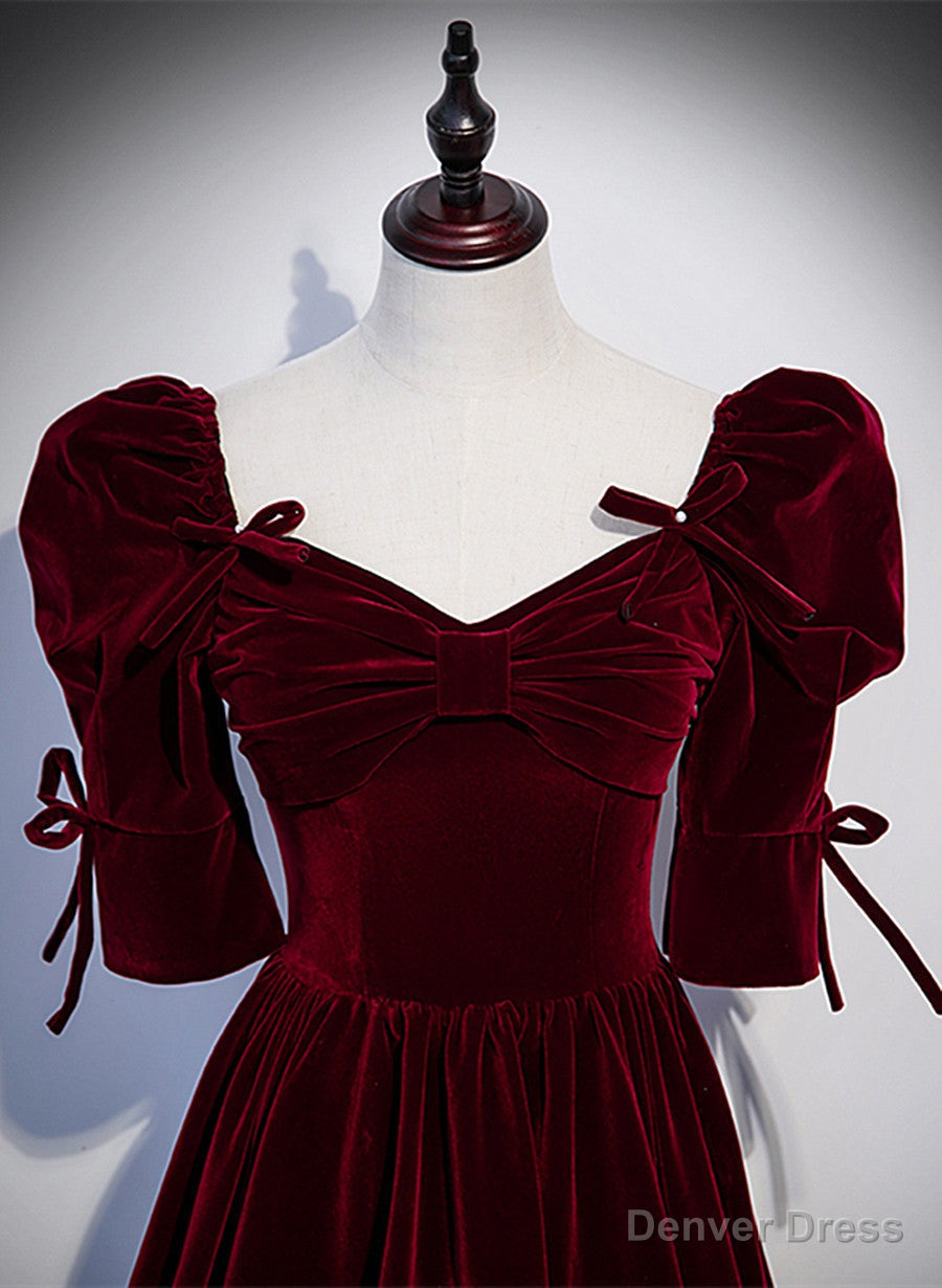 Wine Red Short Sleeves A Line Long Prom Dress, Wine Red Bridesmaid Dresses