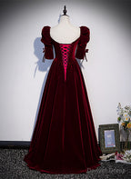 Wine Red Short Sleeves A Line Long Prom Dress, Wine Red Bridesmaid Dresses