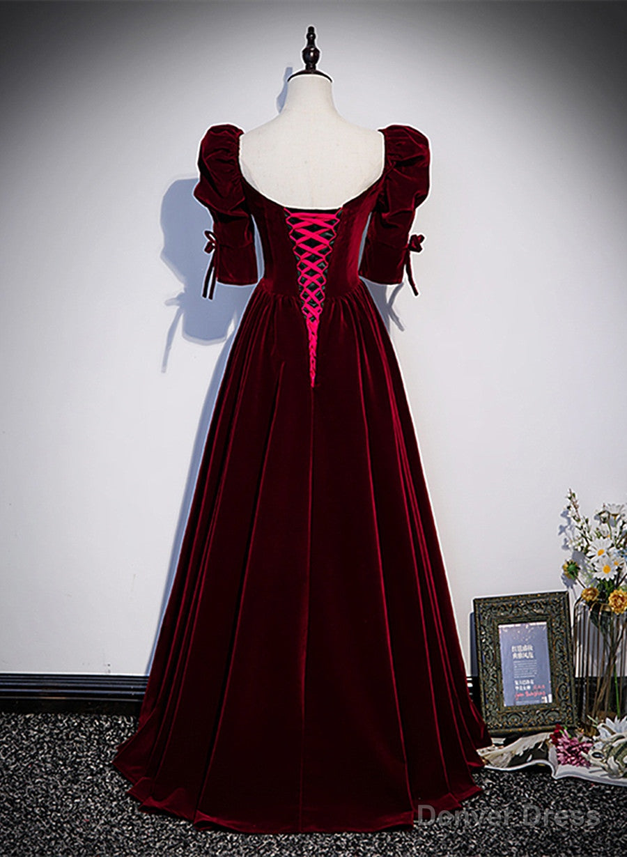 Wine Red Short Sleeves A Line Long Prom Dress, Wine Red Bridesmaid Dresses