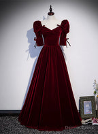 Wine Red Short Sleeves A Line Long Prom Dress, Wine Red Bridesmaid Dresses