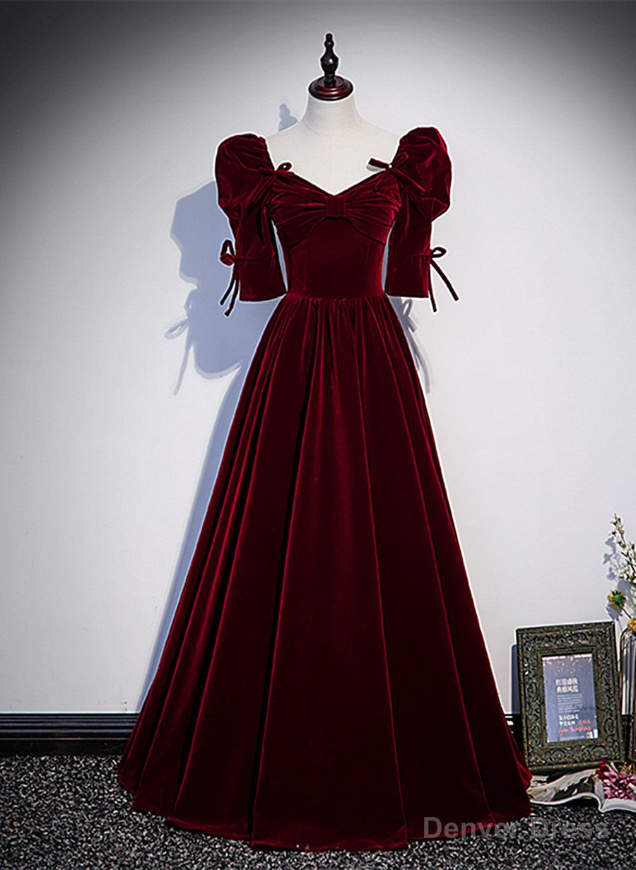 Wine Red Short Sleeves A Line Long Prom Dress, Wine Red Bridesmaid Dresses