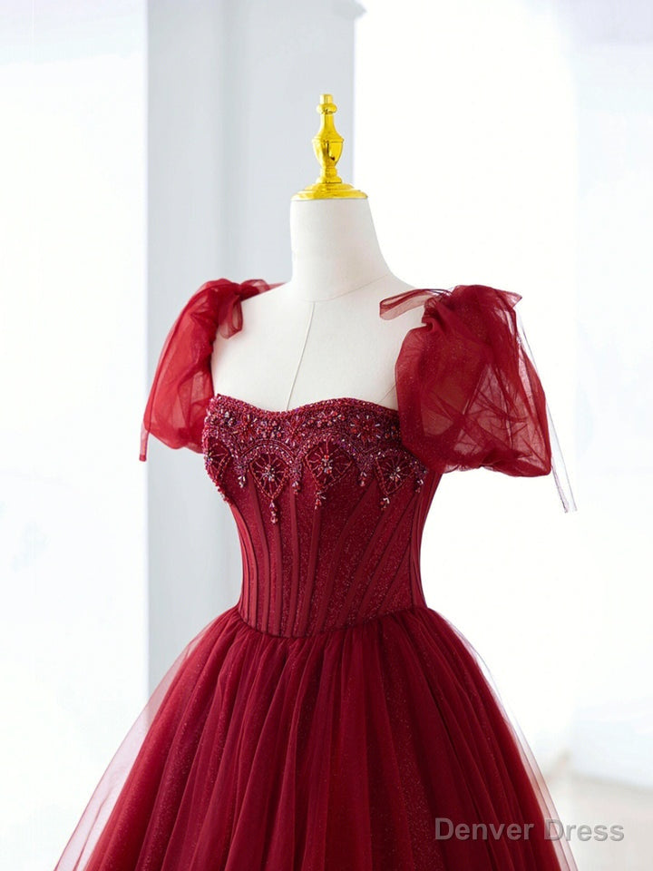 Wine Red Short Sleeves Beaded Long Prom Dress, Wine Red Sweetheart Prom Dresses