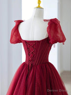 Wine Red Short Sleeves Beaded Long Prom Dress, Wine Red Sweetheart Prom Dresses