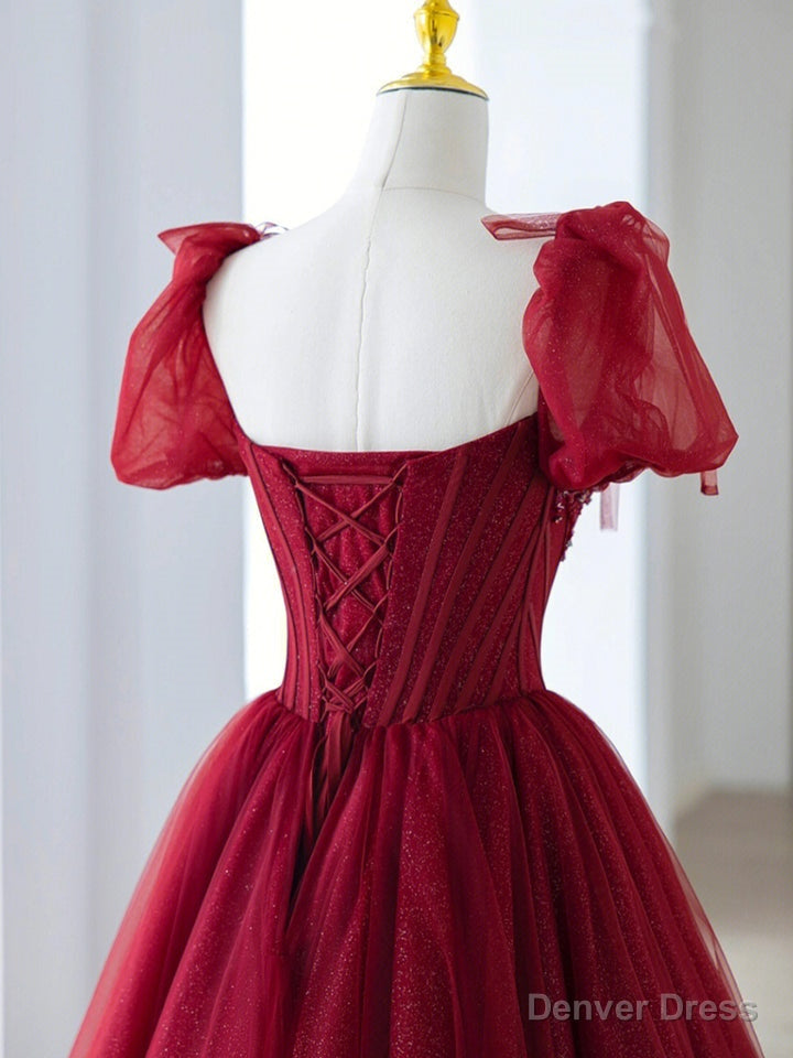 Wine Red Short Sleeves Beaded Long Prom Dress, Wine Red Sweetheart Prom Dresses