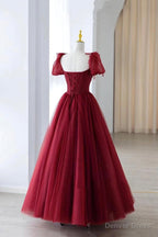 Wine Red Short Sleeves Beaded Long Prom Dress, Wine Red Sweetheart Prom Dresses