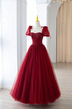 Wine Red Short Sleeves Beaded Long Prom Dress, Wine Red Sweetheart Prom Dresses