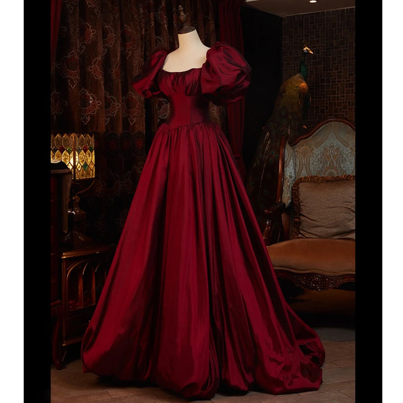 Wine Red Short Sleeves Floor Length Long Prom Dress, Ball Gowns Prom Dresses Secondary image