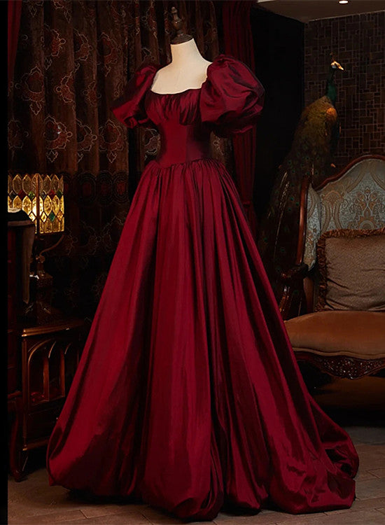 Wine Red Short Sleeves Floor Length Long Prom Dress, Ball Gowns Prom Dresses Main image