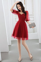 Wine Red Short Sleeves Homecoming Dress Prom Dress, Wine Red Prom Dresses