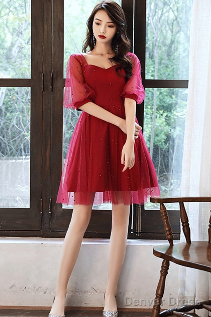 Wine Red Short Sleeves Homecoming Dress Prom Dress, Wine Red Prom Dresses