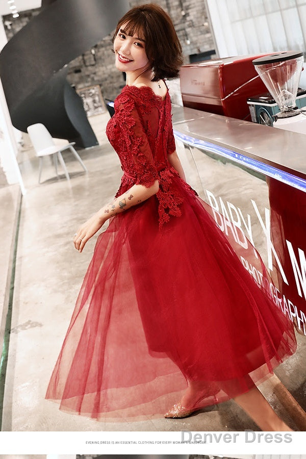 Wine Red Short Sleeves Lace And Tulle Lovely Homecoming Dress, Wine Red Prom Dress Party Dress
