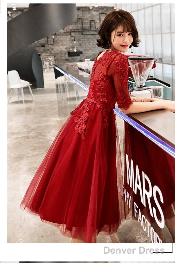 Wine Red Short Sleeves Lace And Tulle Lovely Homecoming Dress, Wine Red Prom Dress