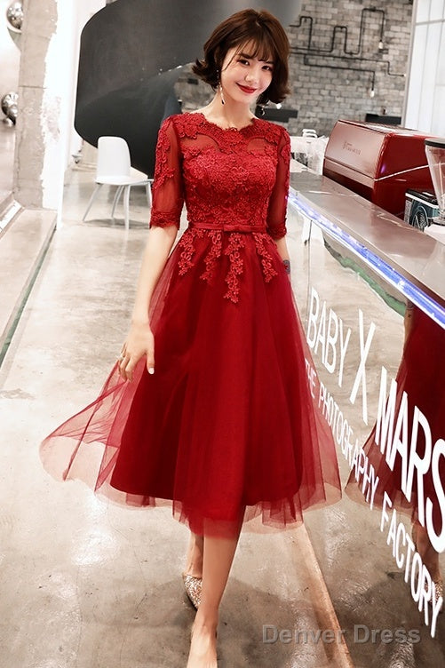 Wine Red Short Sleeves Lace And Tulle Lovely Homecoming Dress, Wine Red Prom Dress Party Dress Main image
