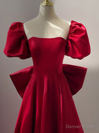 Wine Red Short Sleeves Satin A Line Prom Dress, Wine Red Long Prom Dresses with Bow