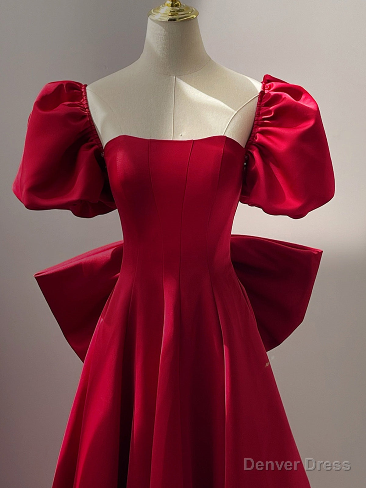 Wine Red Short Sleeves Satin A Line Prom Dress, Wine Red Long Prom Dresses with Bow