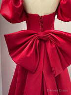 Wine Red Short Sleeves Satin A Line Prom Dress, Wine Red Long Prom Dresses with Bow