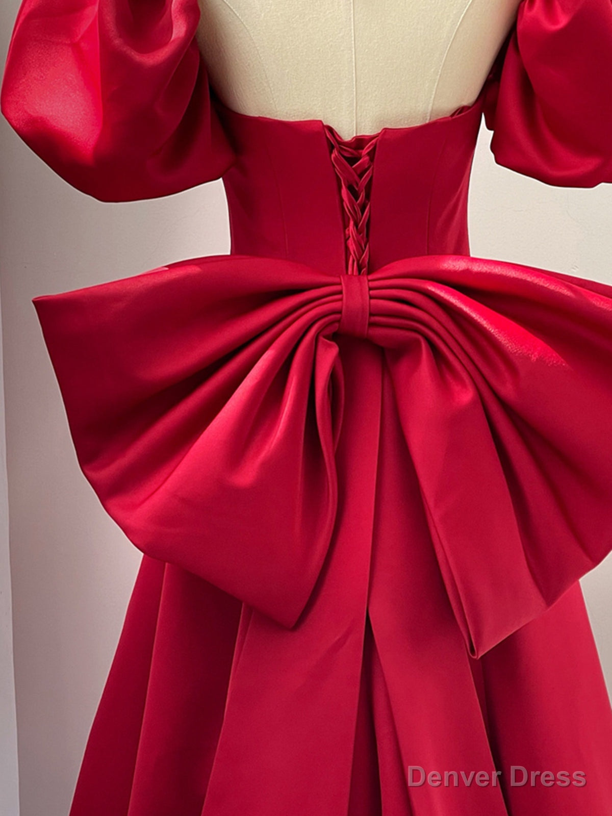Wine Red Short Sleeves Satin A Line Prom Dress, Wine Red Long Prom Dresses with Bow