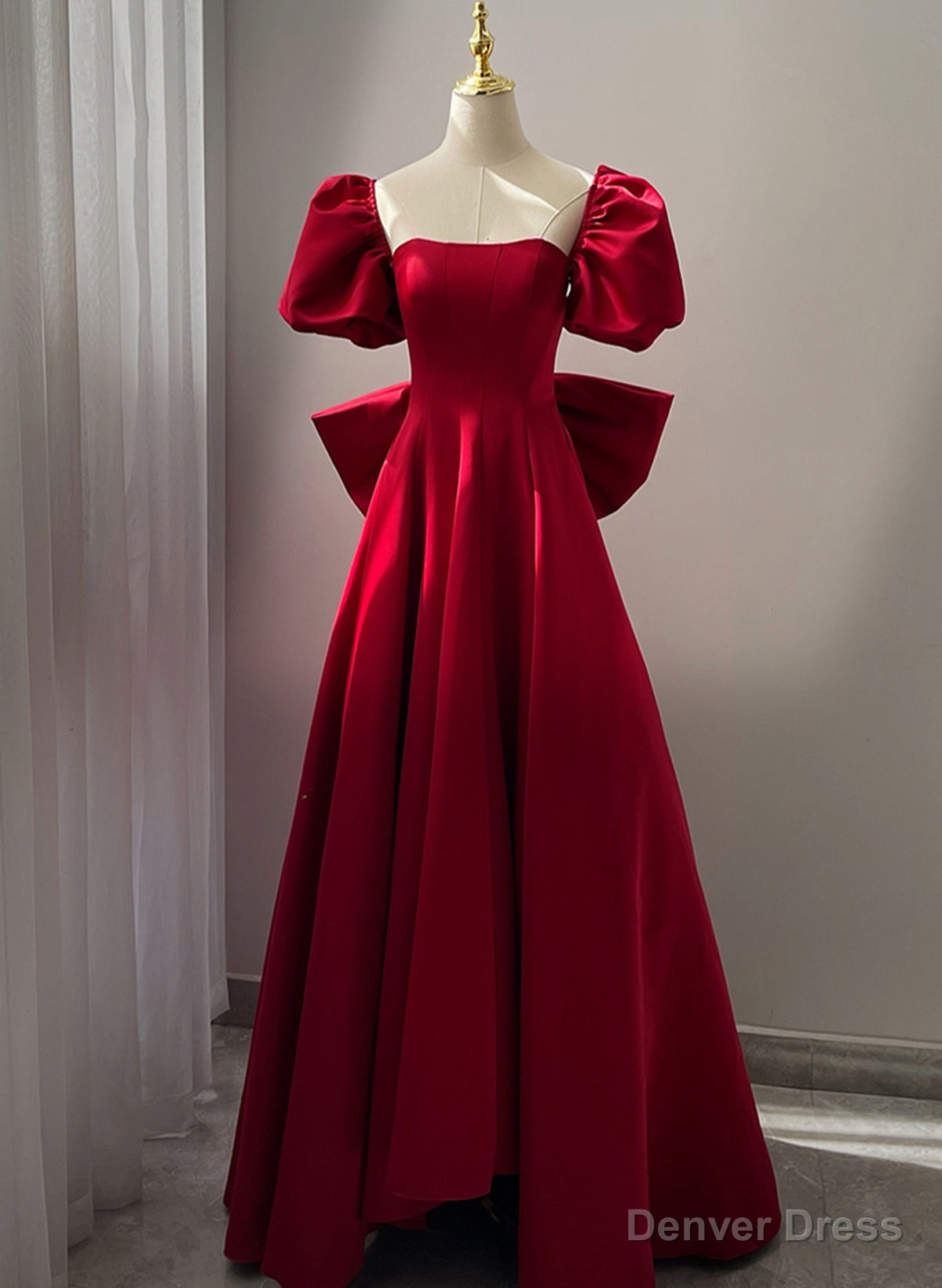 Wine Red Short Sleeves Satin A Line Prom Dress, Wine Red Long Prom Dresses with Bow