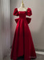 Wine Red Short Sleeves Satin A Line Prom Dress, Wine Red Long Prom Dresses with Bow