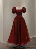 Wine Red Short Sleeves Tea Length Wedding Prom Dress, Wine Red Prom Dresses