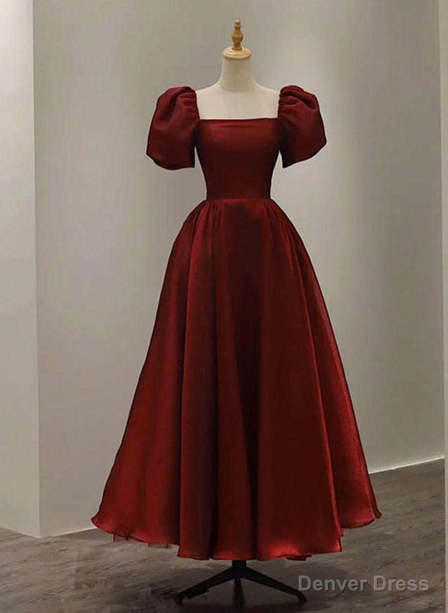 Wine Red Short Sleeves Tea Length Wedding Prom Dress, Wine Red Prom Dresses