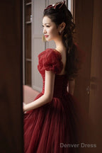 Wine Red Short Sleeves Tulle Long Party Dress, Wine Red A-Line Floor Length Prom Dress