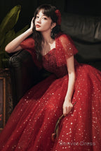 Wine Red Short Sleeves Tulle With Lace Long Party Dress, Wine Red Prom Dress