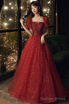 Wine Red Short Sleeves Tulle With Lace Long Party Dress, Wine Red Prom Dress