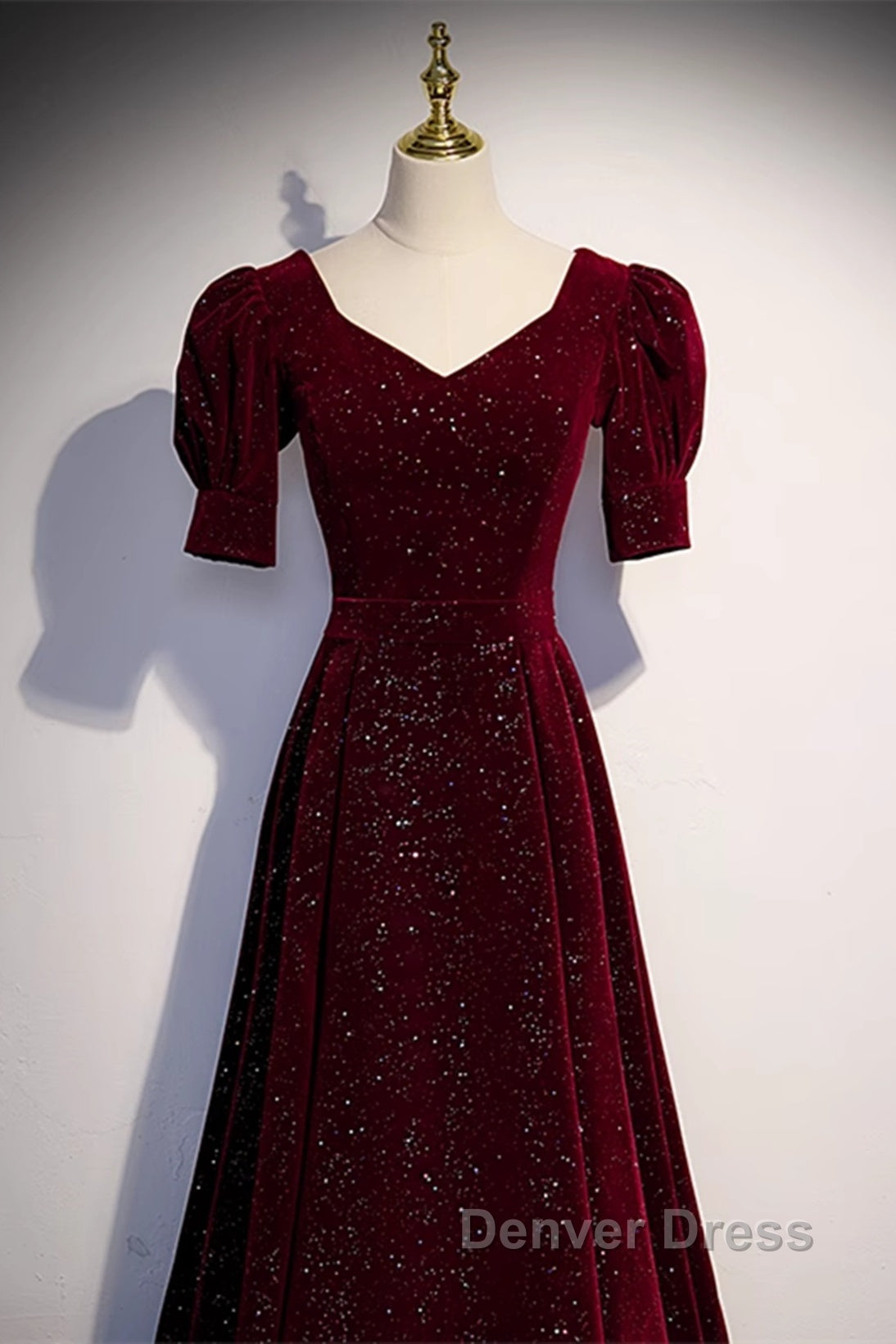 Wine Red Short Sleeves Velvet Long Formal Dresses, Wine Red Evening Dresses Prom Dresses