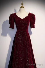Wine Red Short Sleeves Velvet Long Formal Dress, Wine Red Evening Dress Prom Dress