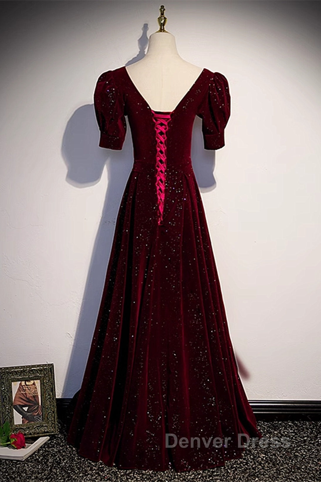 Wine Red Short Sleeves Velvet Long Formal Dresses, Wine Red Evening Dresses Prom Dresses