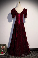 Wine Red Short Sleeves Velvet Long Formal Dress, Wine Red Evening Dress Prom Dress