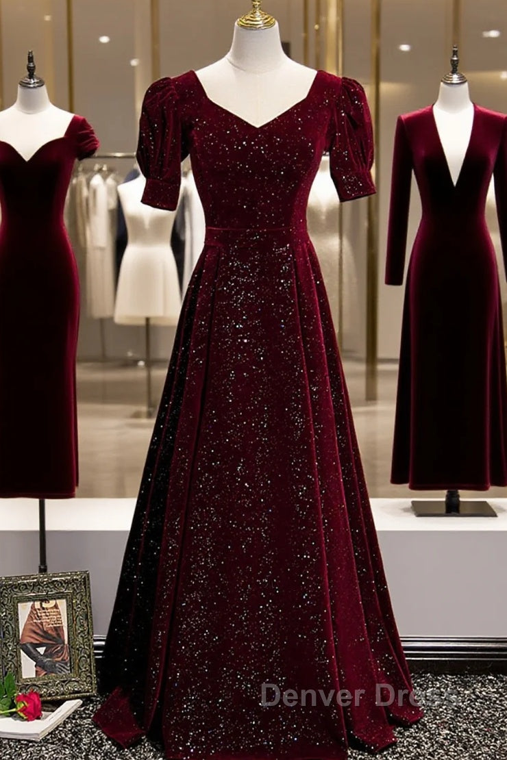 Wine Red Short Sleeves Velvet Long Formal Dresses, Wine Red Evening Dresses Prom Dresses