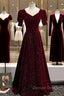 Wine Red Short Sleeves Velvet Long Formal Dresses, Wine Red Evening Dresses Prom Dresses