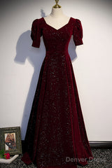 Wine Red Short Sleeves Velvet Long Formal Dress, Wine Red Evening Dress Prom Dress