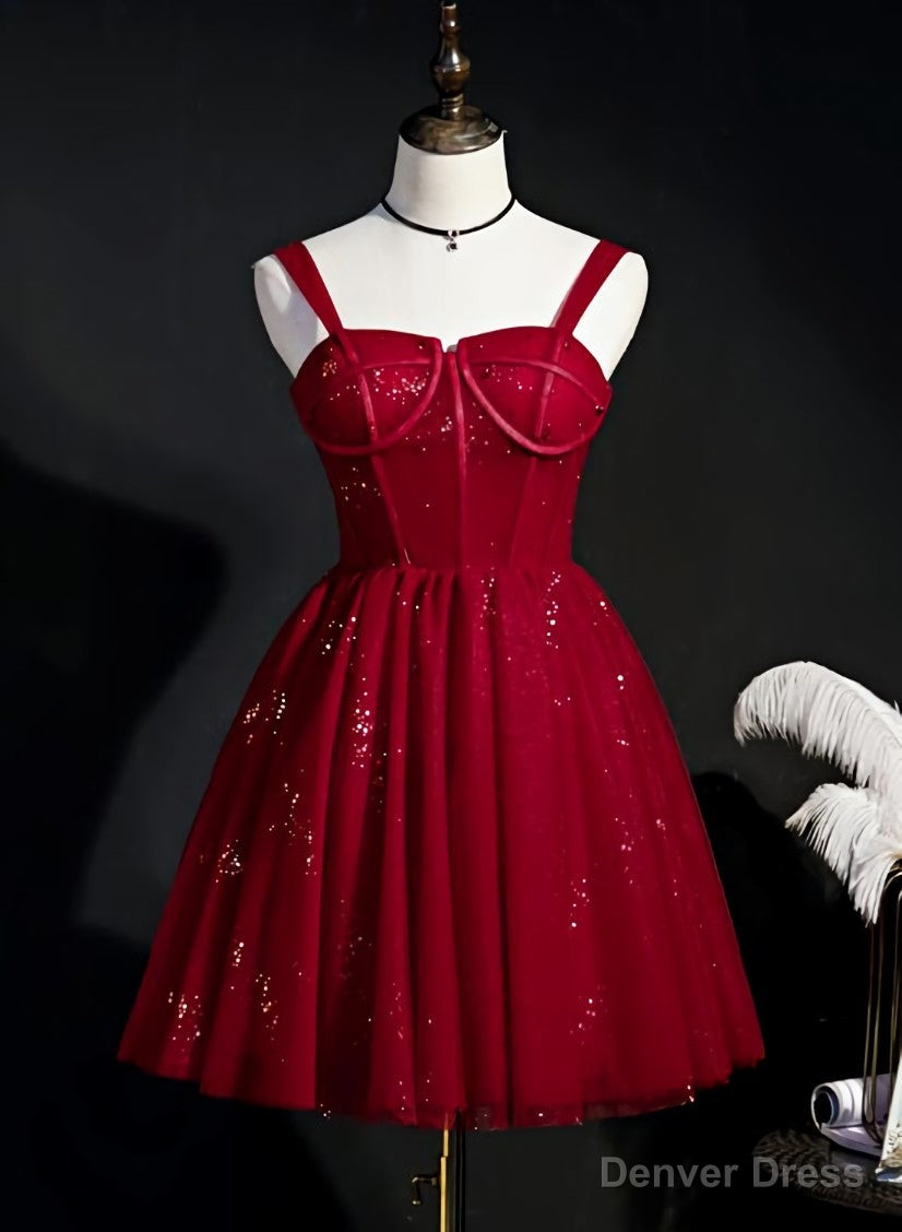 Wine Red Short Tulle Straps Cute Homecoming Dress, Wine Red Short Prom Dresses
