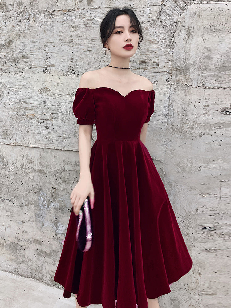 Wine Red Short Velvet Prom Dress, Off Shoulder Prom Dress Bridesmaid Dresses Secondary image