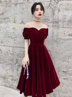 Wine Red Short Velvet Prom Dress, Off Shoulder Prom Dress Bridesmaid Dresses