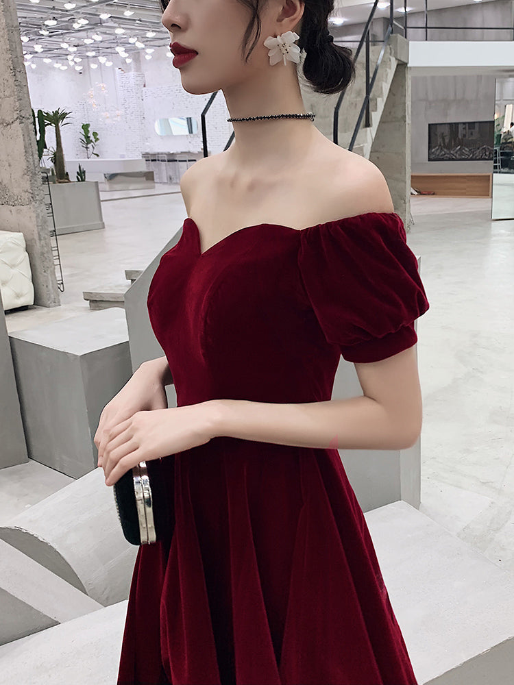 Wine Red Short Velvet Prom Dress, Off Shoulder Prom Dress Bridesmaid Dresses