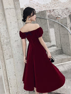 Wine Red Short Velvet Prom Dress, Off Shoulder Prom Dress Bridesmaid Dresses