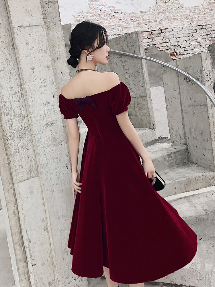 Wine Red Short Velvet Prom Dress, Off Shoulder Prom Dress Bridesmaid Dresses