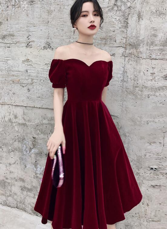 Wine Red Short Velvet Prom Dress, Off Shoulder Prom Dress Bridesmaid Dresses