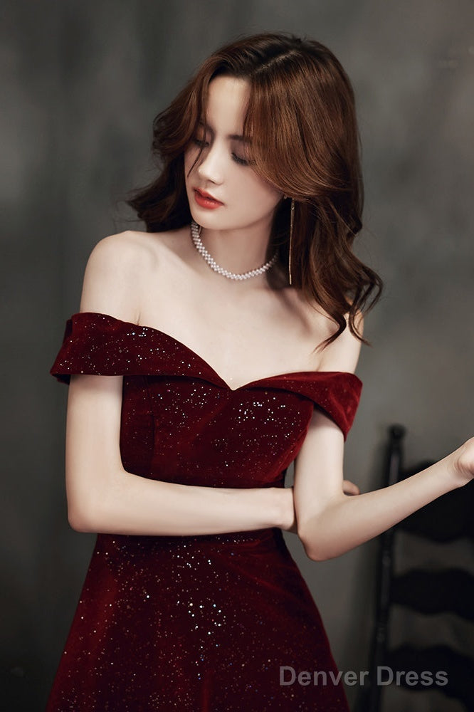 Wine Red Simple Velvet Off Shoulder Prom Dress, Wine Red Wedding Party Dress Secondary image