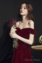 Wine Red Simple Velvet Off Shoulder Prom Dress, Wine Red Wedding Party Dress