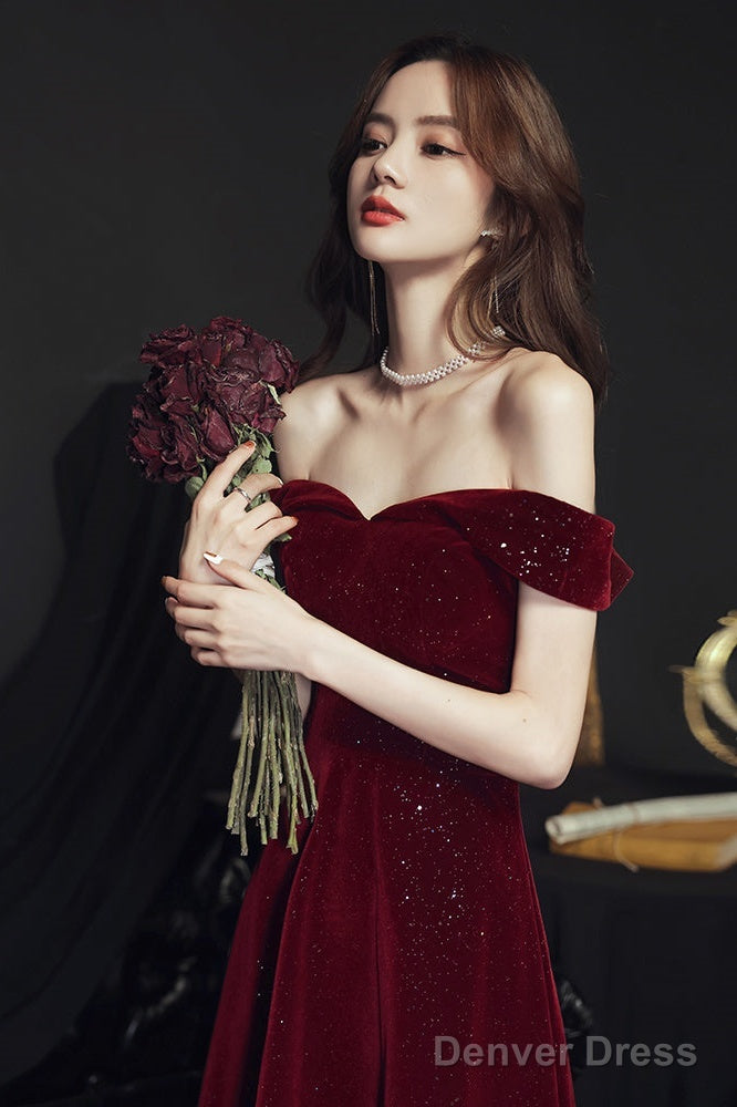 Wine Red Simple Velvet Off Shoulder Prom Dress, Wine Red Wedding Prom Dresses