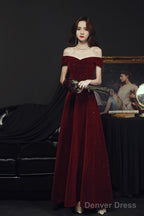 Wine Red Simple Velvet Off Shoulder Prom Dress, Wine Red Wedding Party Dress