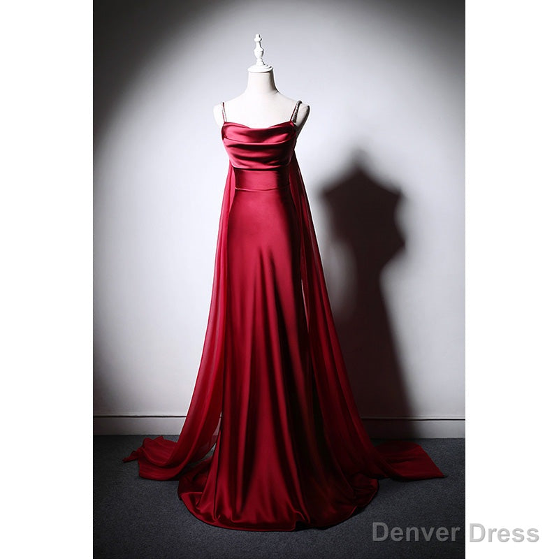 Wine Red Soft Satin Long Straps Long A Line Prom Dress, Wine Red Prom Dresses