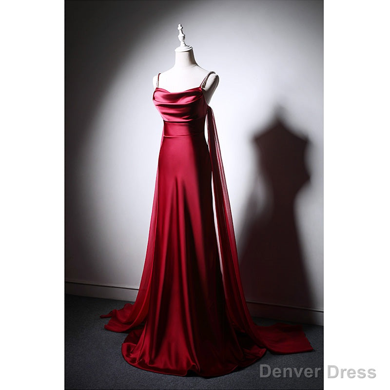 Wine Red Soft Satin Long Straps Long A Line Prom Dress, Wine Red Prom Dresses