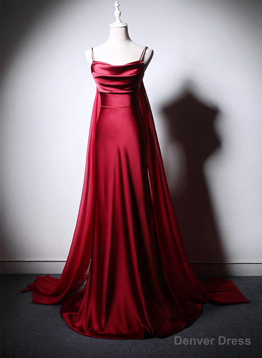Wine Red Soft Satin Long Straps Long A Line Prom Dress, Wine Red Prom Dresses