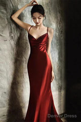 Wine Red Soft Satin Straps V-Neckline Party Dress, Wine Red Evening Dress